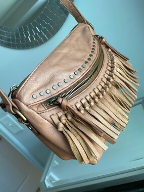 Joelle Hawkens Fringed Leather Crossbody Bag in Tan